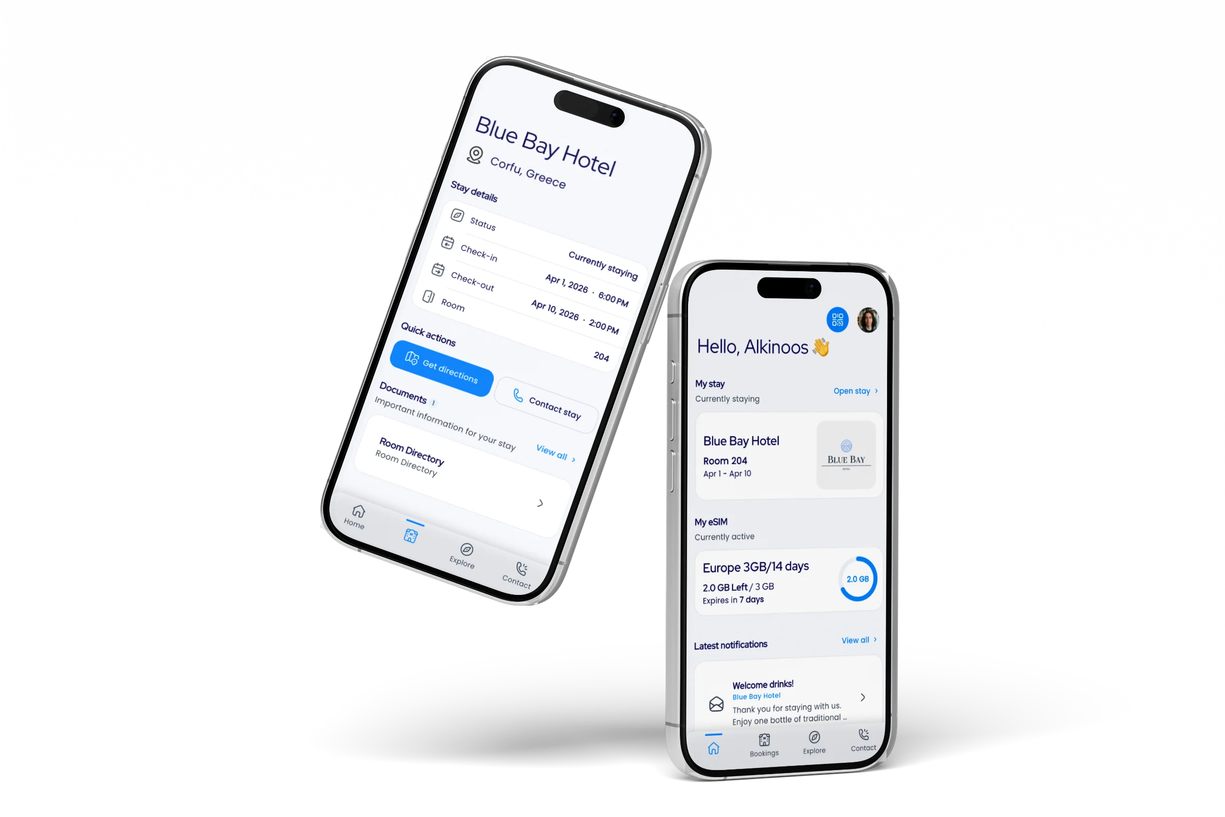 Two iPhones showing Conit Cloud app: hotel stay details and personalised home screen