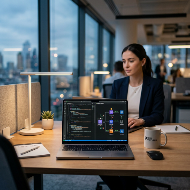 Modern clean workspace showing technical integration diagrams on a laptop